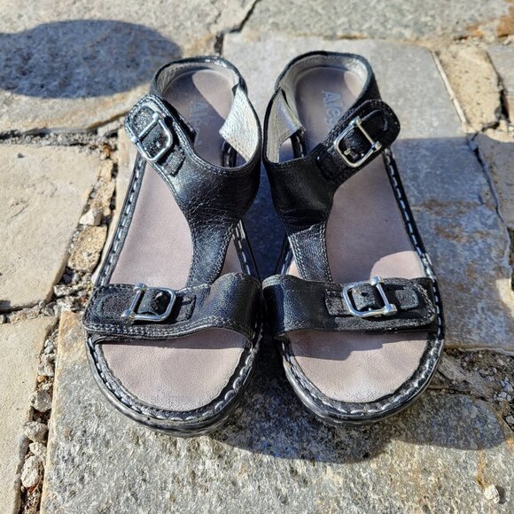 Alegria Black Leather Buckle Lara Pewter Slip On Wedge Heel Sandals Size 37 - Picture 1 of 11